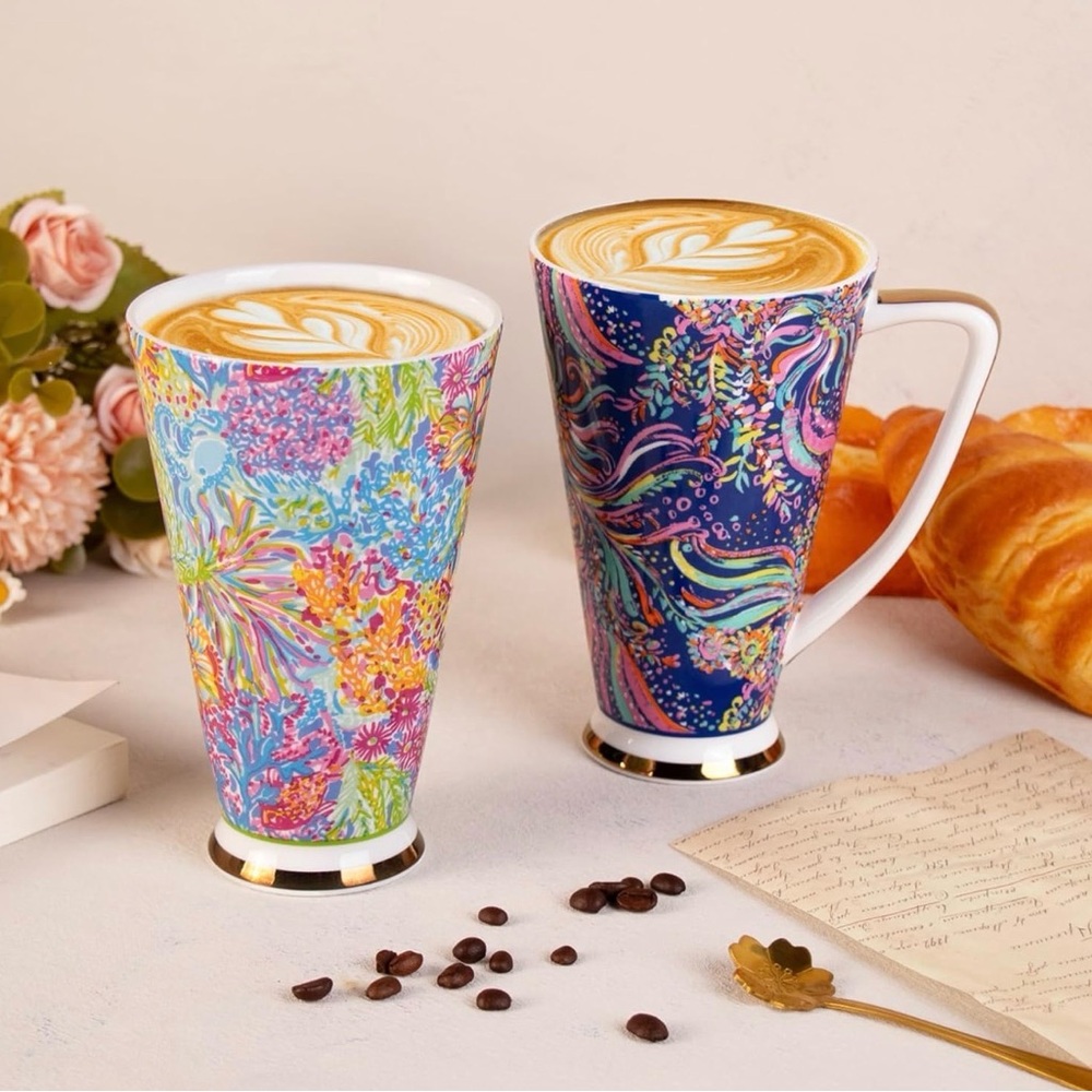 NWT Set of 2 Tall Floral Porcelain Coffee Mugs | 16.9 oz | Gold Base | Gift Box - Picture 5 of 12